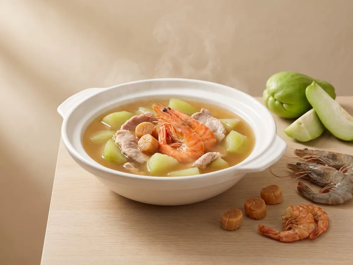 合掌瓜肉片湯（奶白合掌瓜大蝦肉片湯）