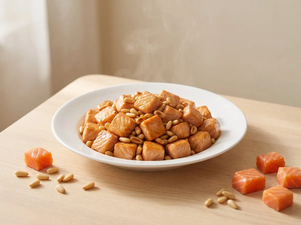 松子仁炒三文魚粒
